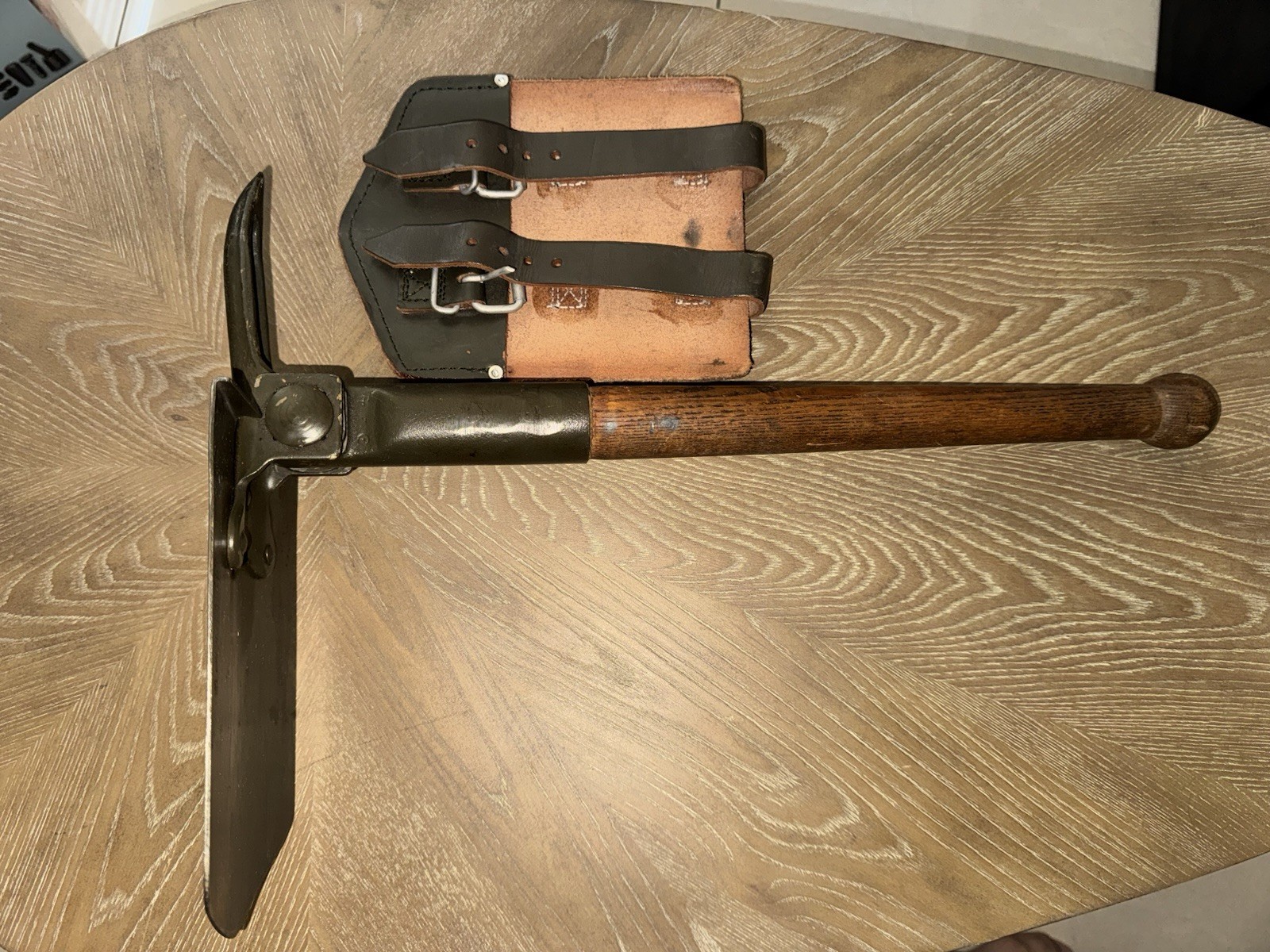 Vintage 1968 German Military Folding Trench Tool Shovel & Pick w/ Leather Cover