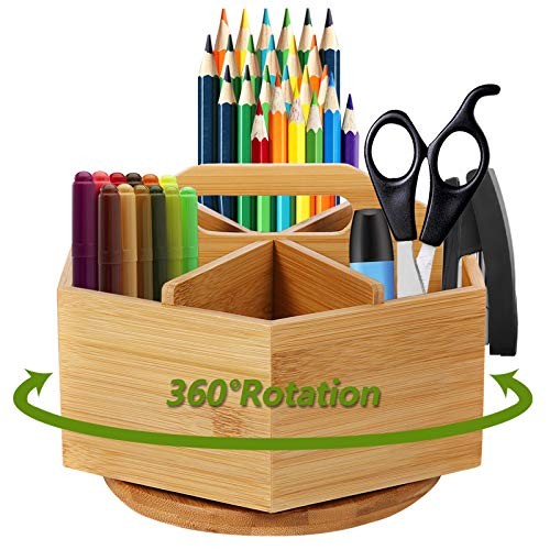 Bamboo Art Supply Organizer, Rotating Pencil Pen Holder, Office Supplies