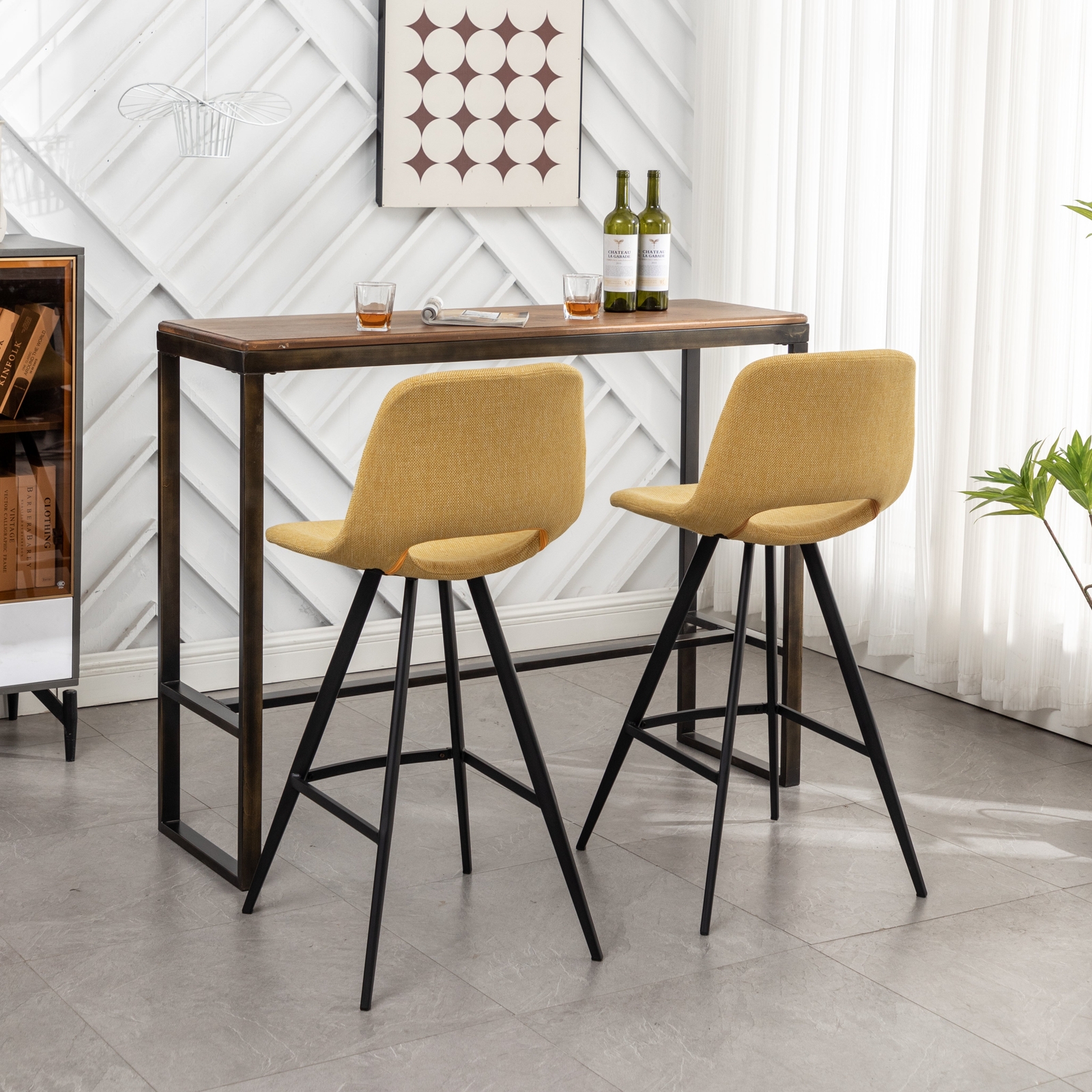Roundhill Furniture Porth Fabric Kitchen 28.25" Barstools, Set of 2, Yellow