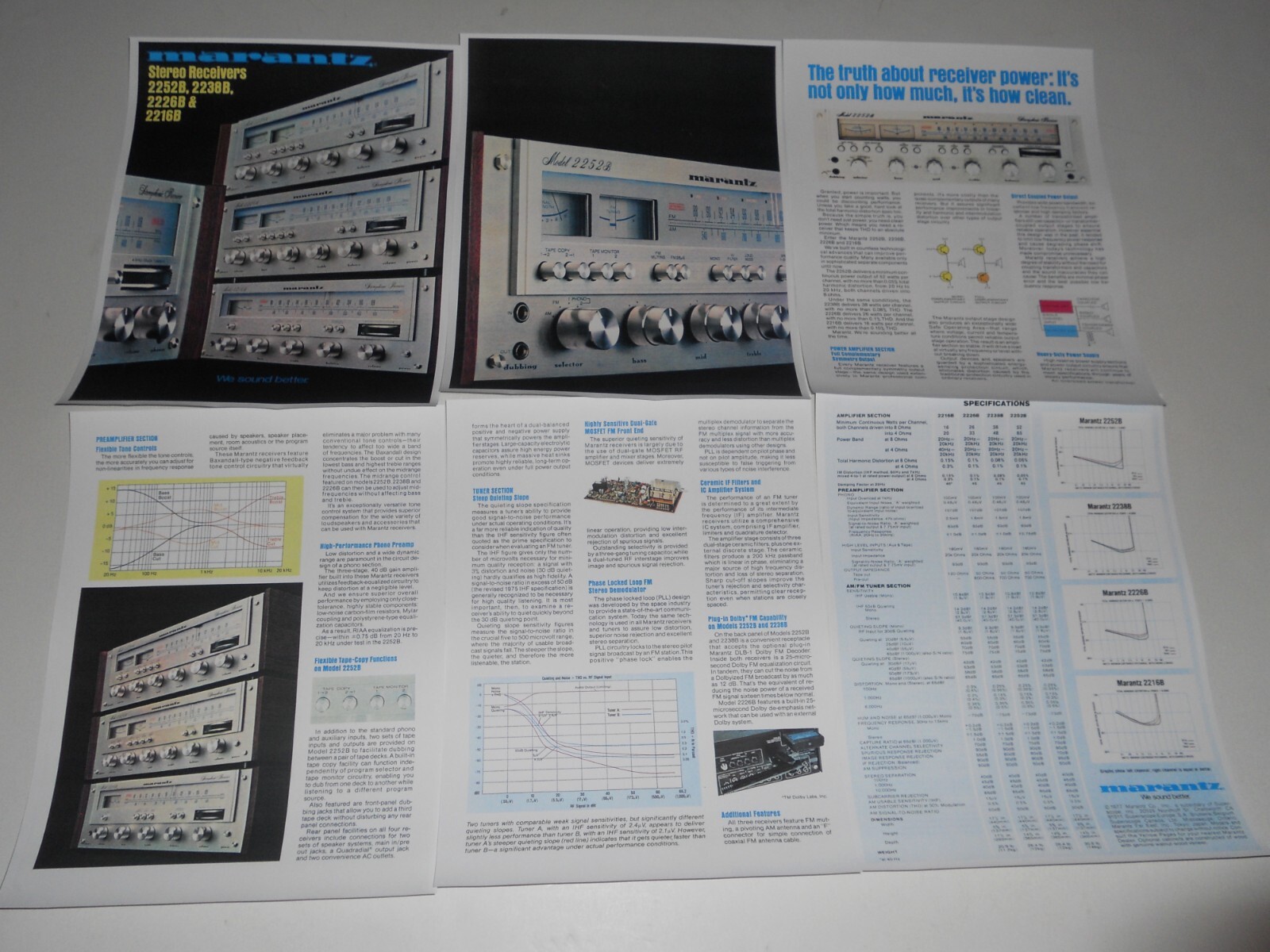 Marantz Audio Brochure '77 Receivers 2252b, 2238b, 2226b, 2216b 6 pg, Specs Amps