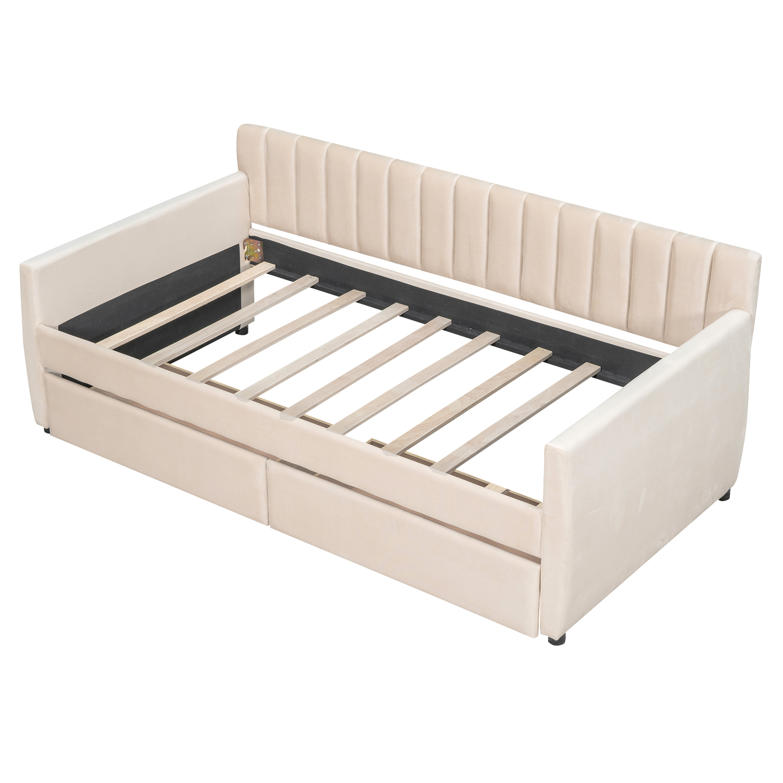 Twin Size Daybed Upholstered Bed Frame Wooden Slatted Sofa Bed W/2 Drawers Beige