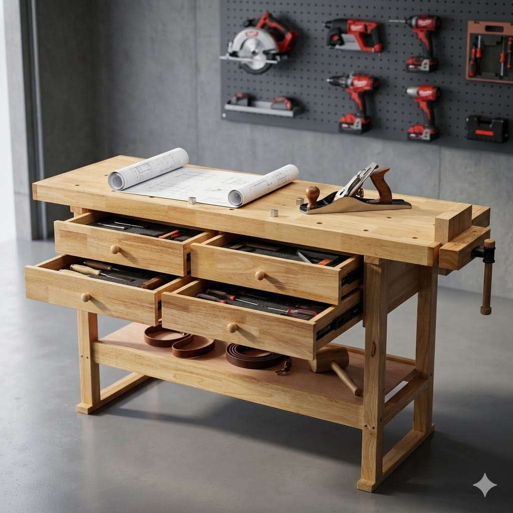 Professional 60"Wooden Workbench 4 Drawers Rubberwood Work Table 330lbs Capacity