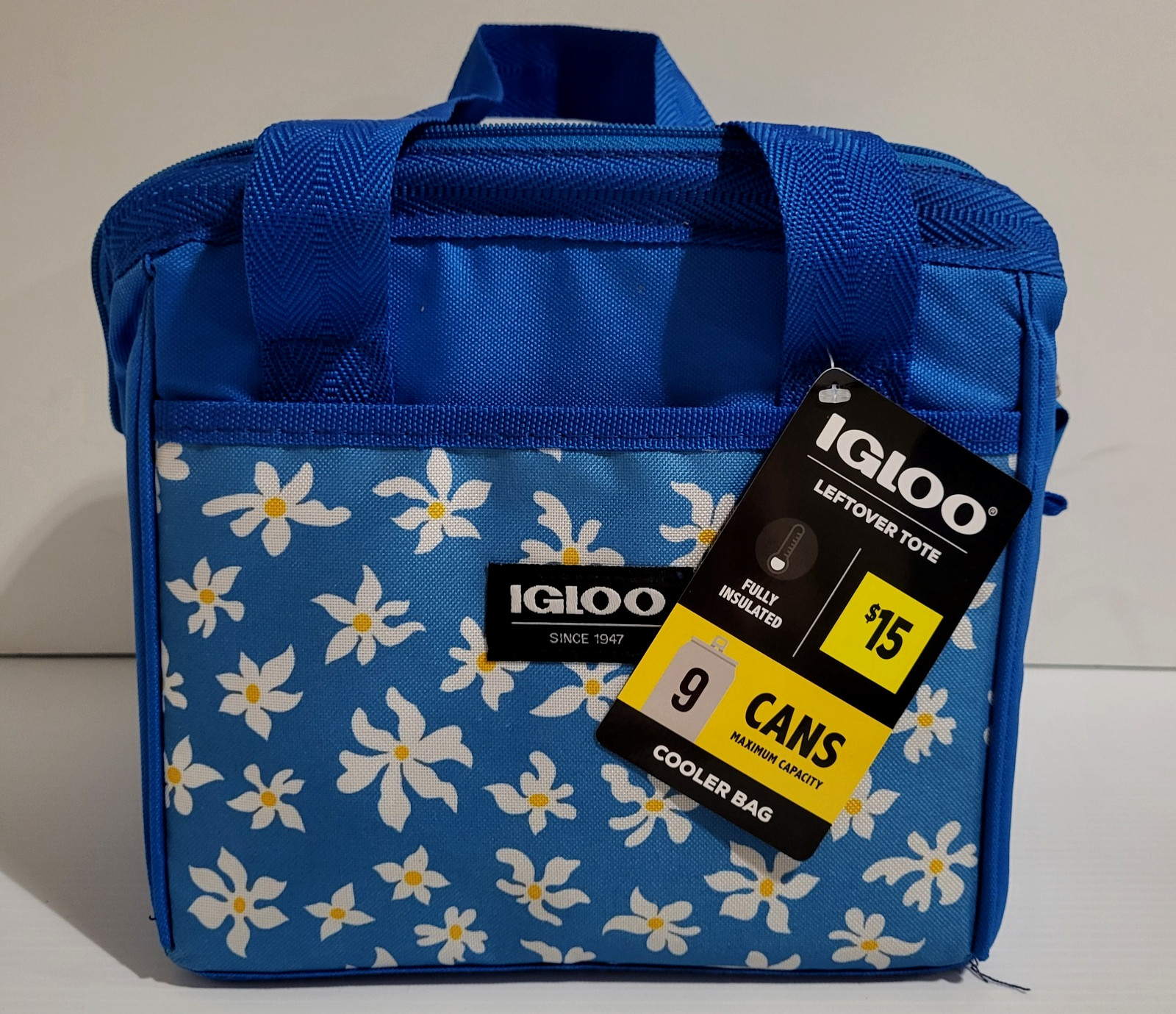 Igloo Tote Cooler 9 Can Bag Blue Soft Sided White Yellow Floral Pocket Insulated