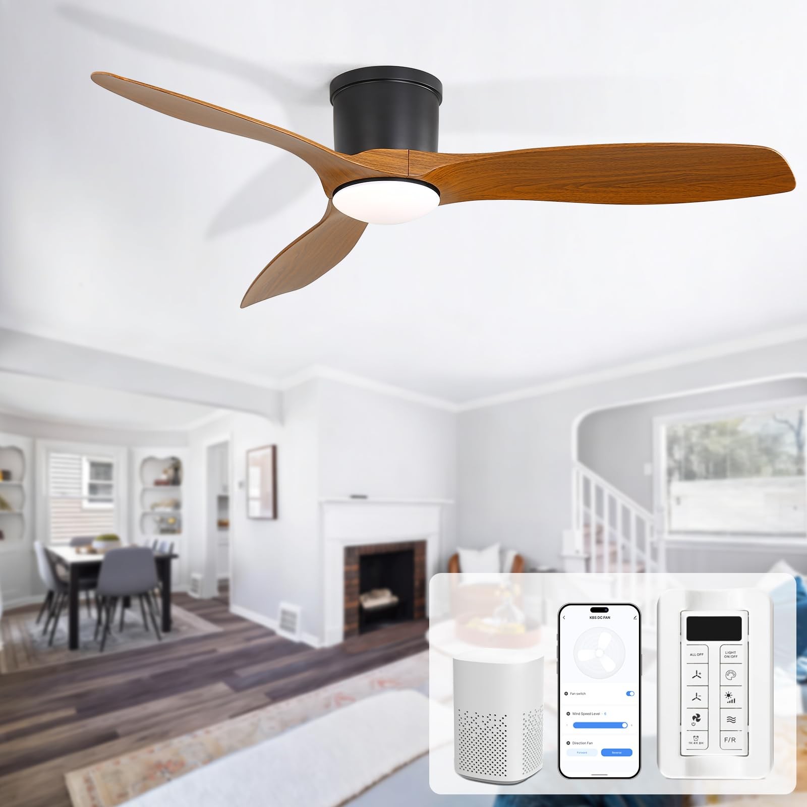 52 Inch Smart Ceiling Fan with Lights, Modern Low Profile Flush Mount Ceiling...