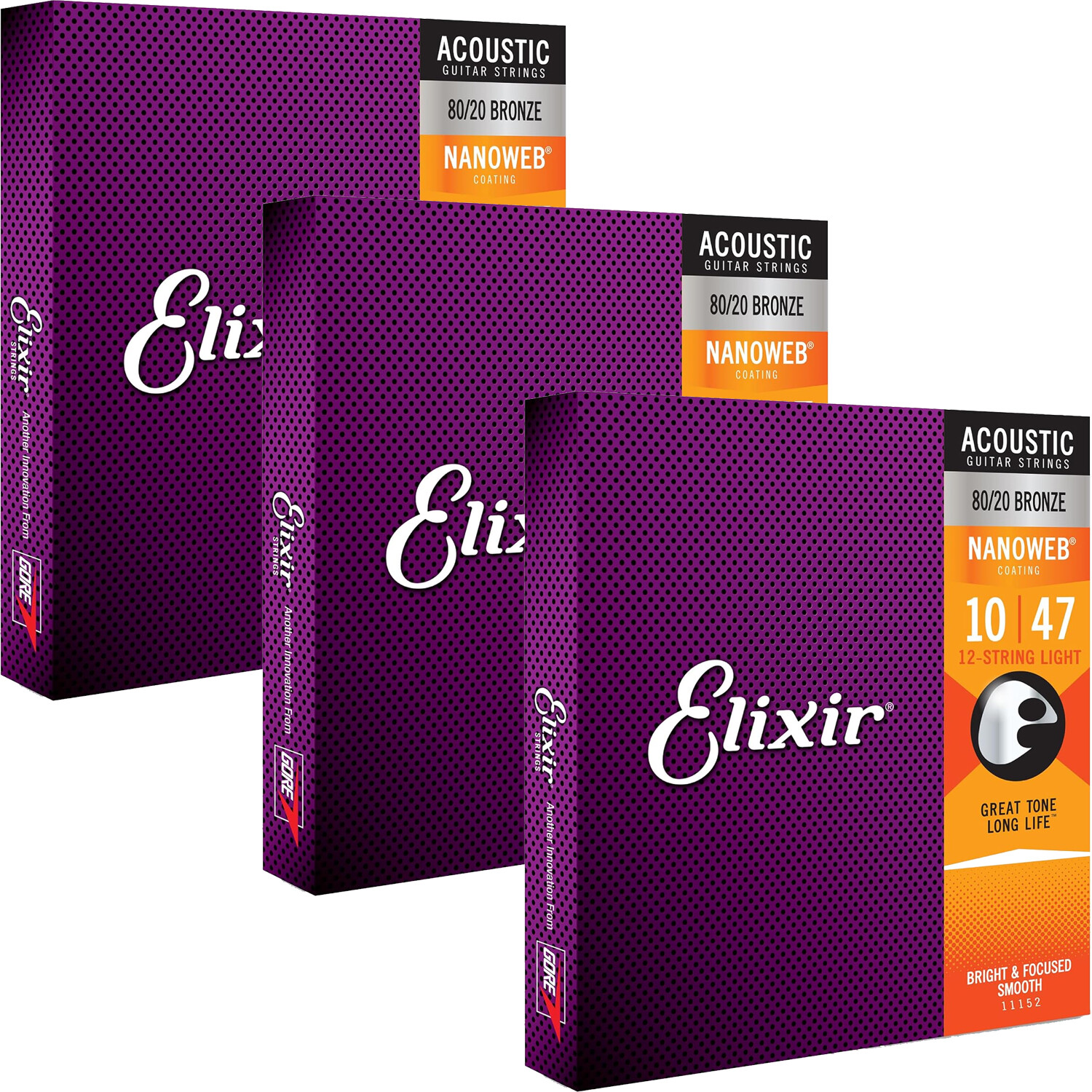 3 Sets Elixir 11152 NANOWEB 80/20 12-String Light Acoustic Guitar Strings