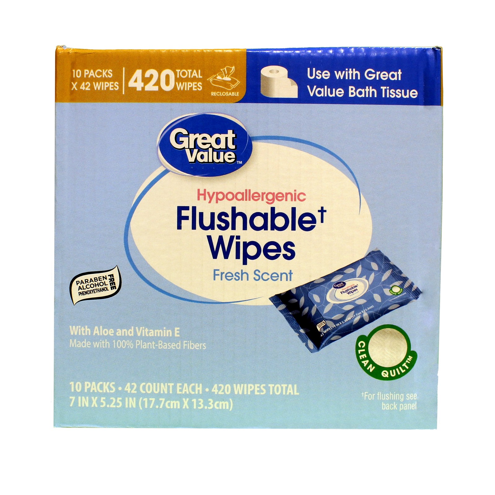 Great Value Fresh Scent Flushable Wipes, 10 Resealable Packs,420 Total Flushable
