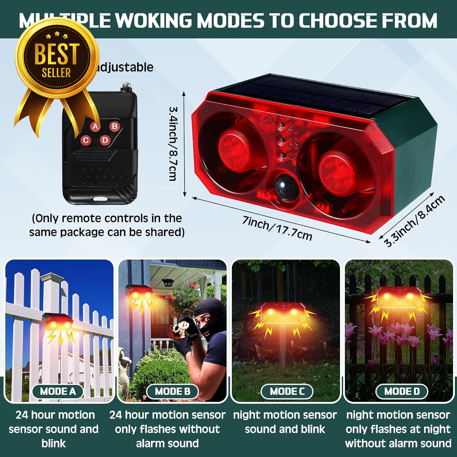 4 Pack Solar Motion Sensor Alarm 130dB Animal Deterrent with Remote
