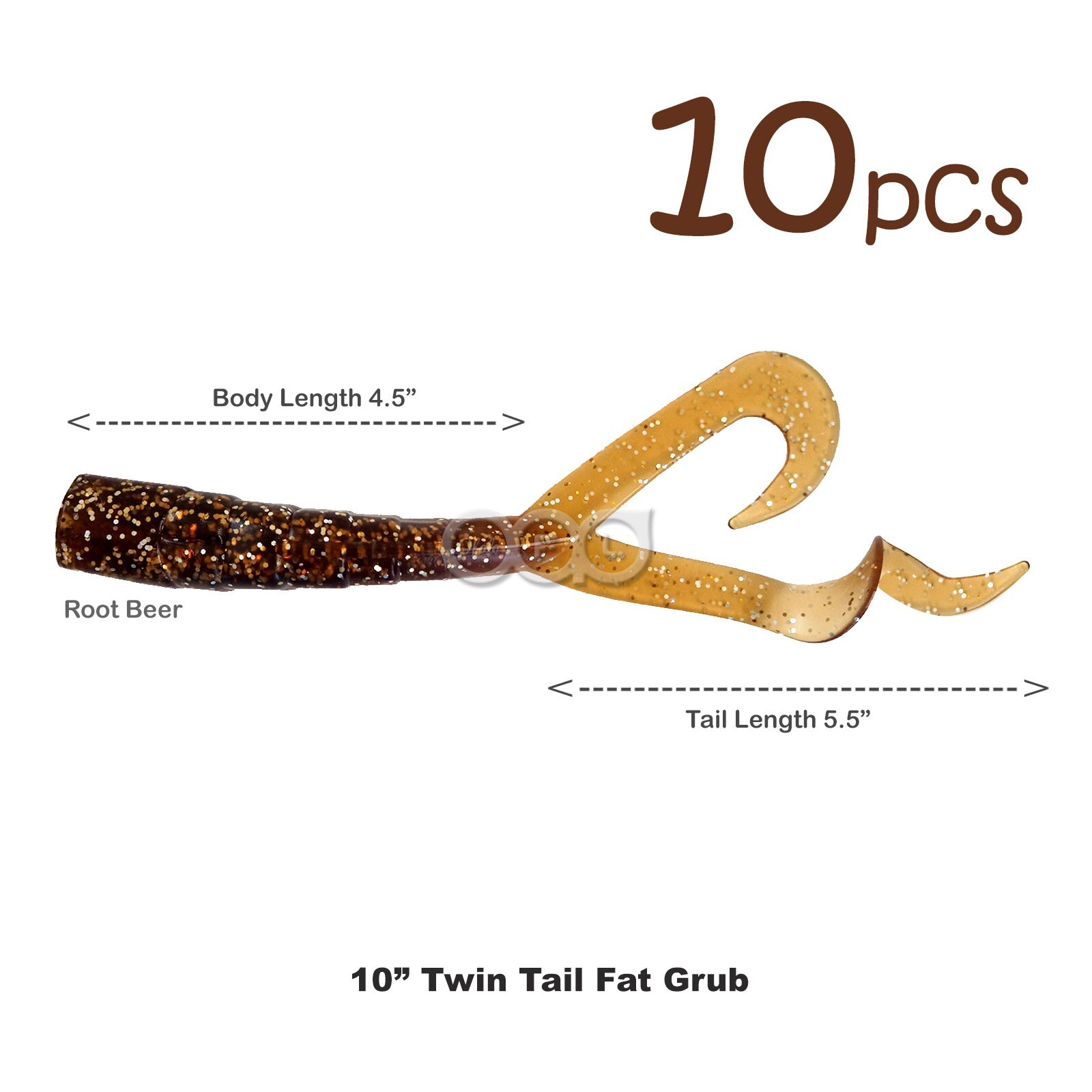10pcs 10" (with tail extended) Twin Tail Perch Grub Scampi Lures 8inch Root Beer