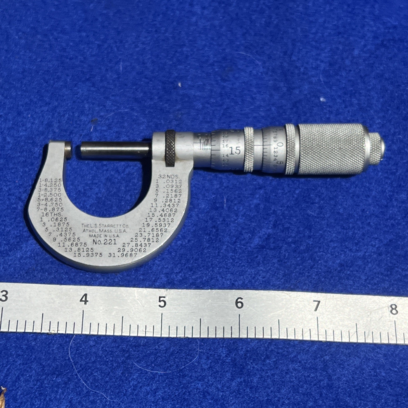 Starrett No. 221 Hi-Precision Outside Micrometer 0-1” Range .0001” Grad