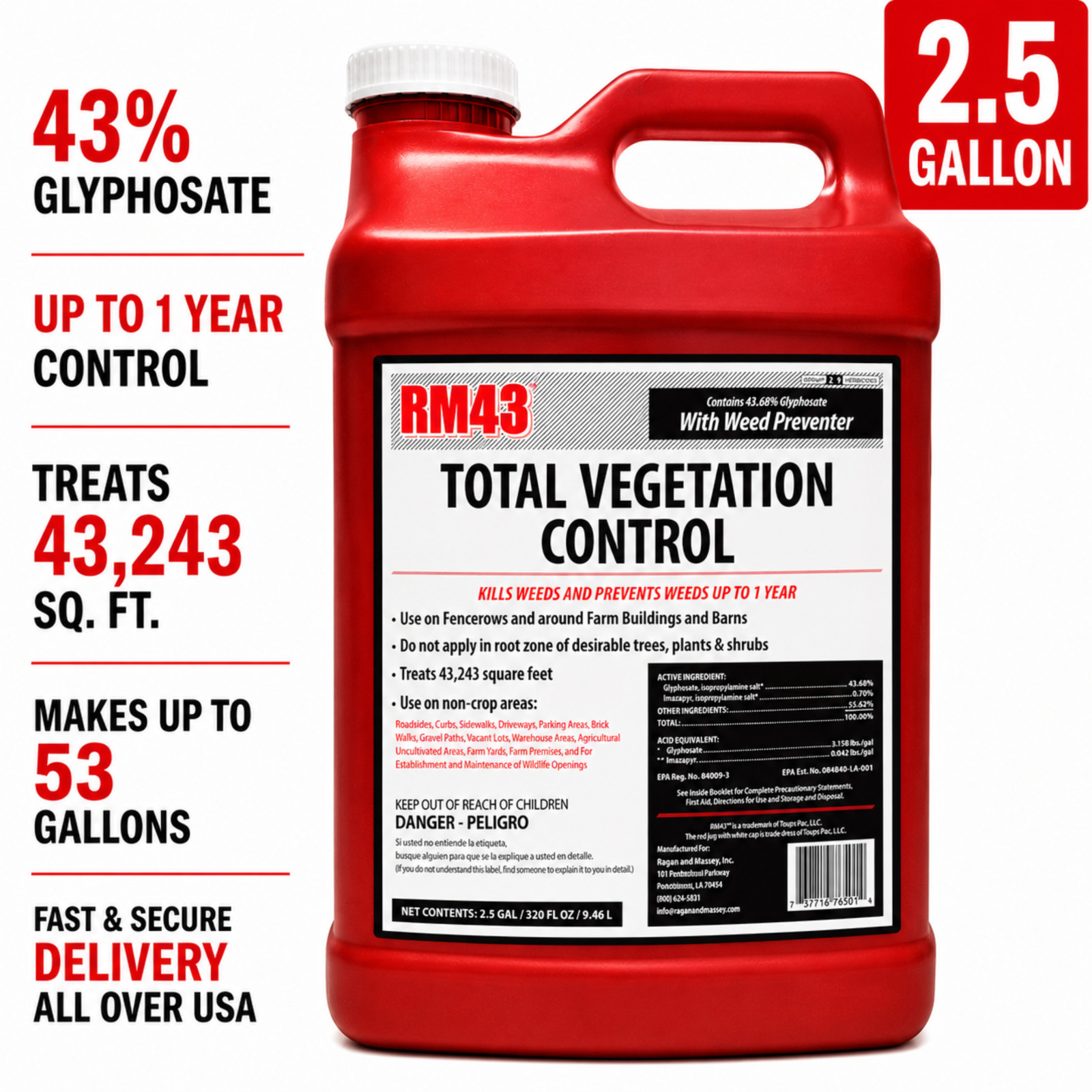 RM43 Weed Killer 43% Glyphosate Total Vegetation Control Herbicide- 2.5 Gallon