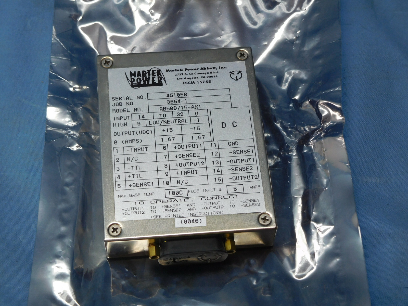 Martek Power 3654-1 Power Supply AB50D/15-AX1