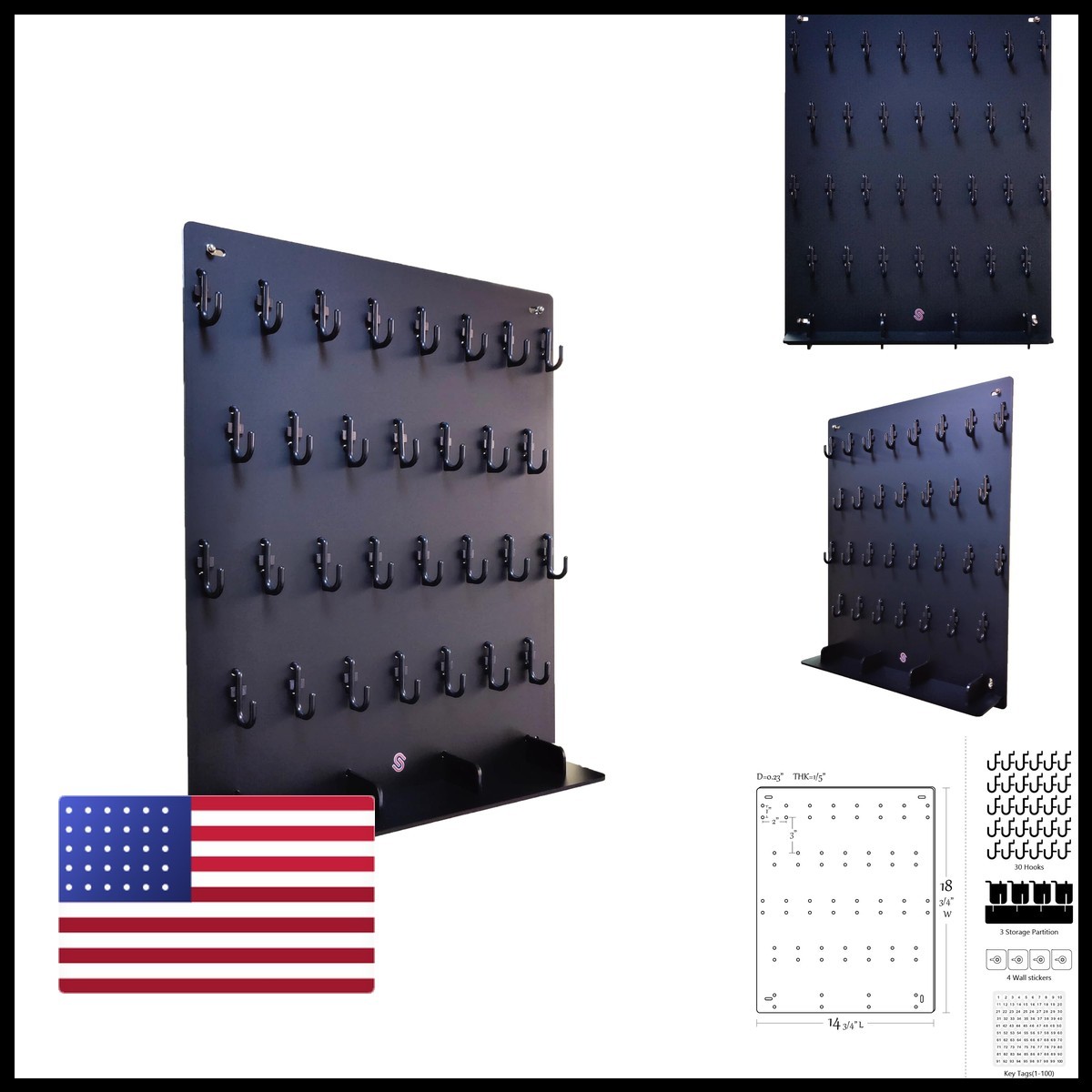 LINK-LOCK Matte Black Tray Acrylic Key Hooks Board 30 Hooks, Key Tags And 3