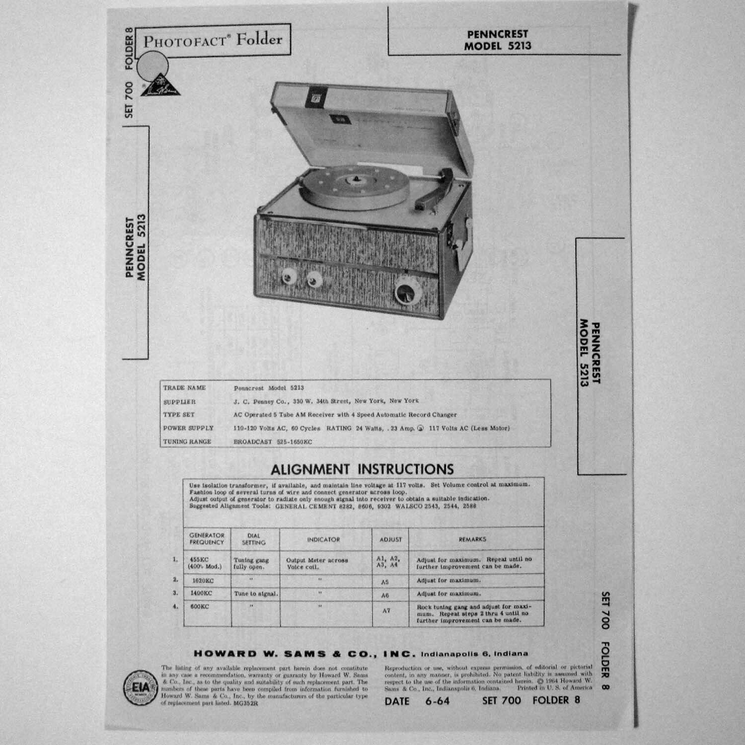 Penncrest Model 5213 Portable Record Player Phono Photofact ™ 1964 - New NOS