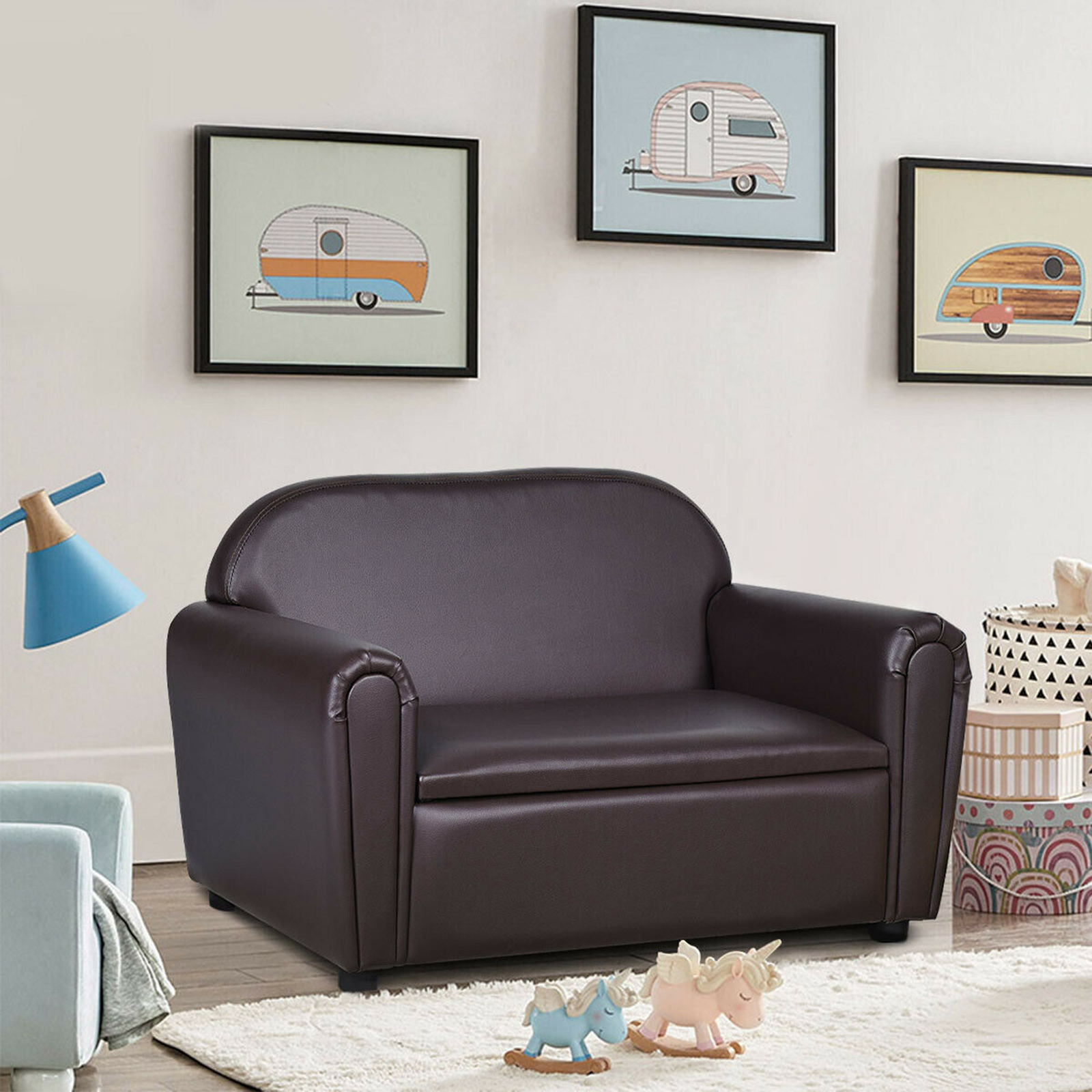 Kids Sofa Armrest Chair Lounge Couch Wood Construction Storage Box Living Room