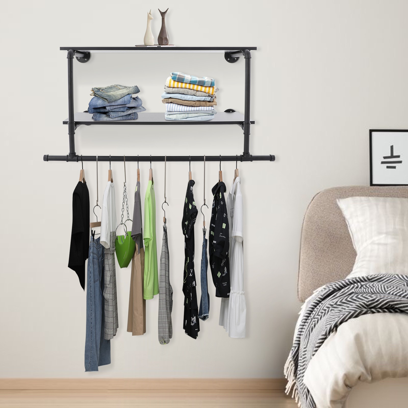Clothes Display Rack with 2-tier Shelves, 2-tier Garment Rack, Wall Mounted Clot