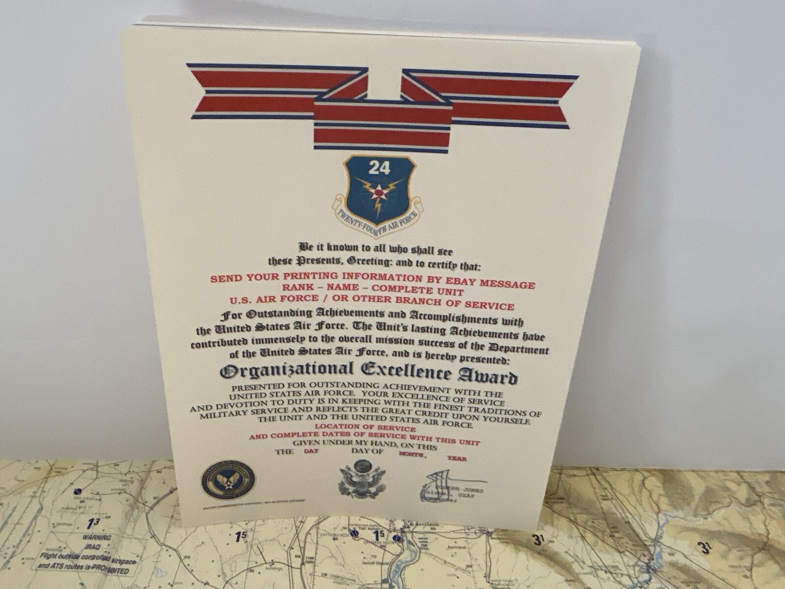 U.S. AIR FORCE / 24TH AIR FORCE - ORGANIZATIONAL EXCELLENCE AWARD CERTIFICATE