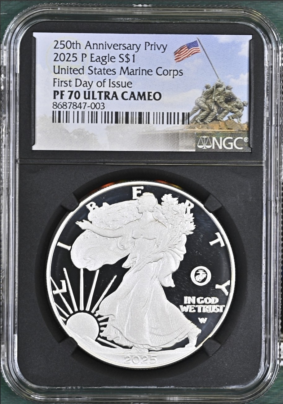 2025-P Silver Eagle US Marine Corp 250th Privy NGC PF70 First Day Issue , FDI !%