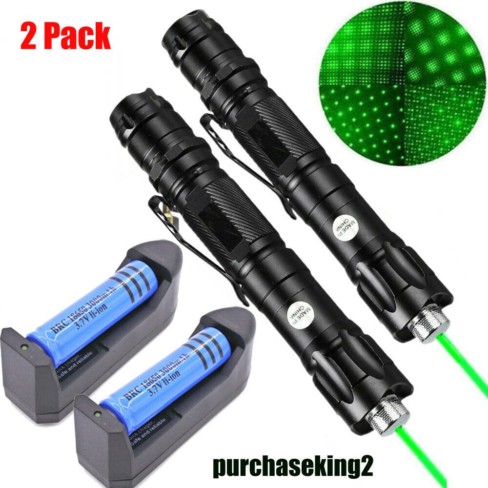 2 Pack 9900Miles Green Laser Pointer Pen Visible Beam Lazer +Battery+Charger