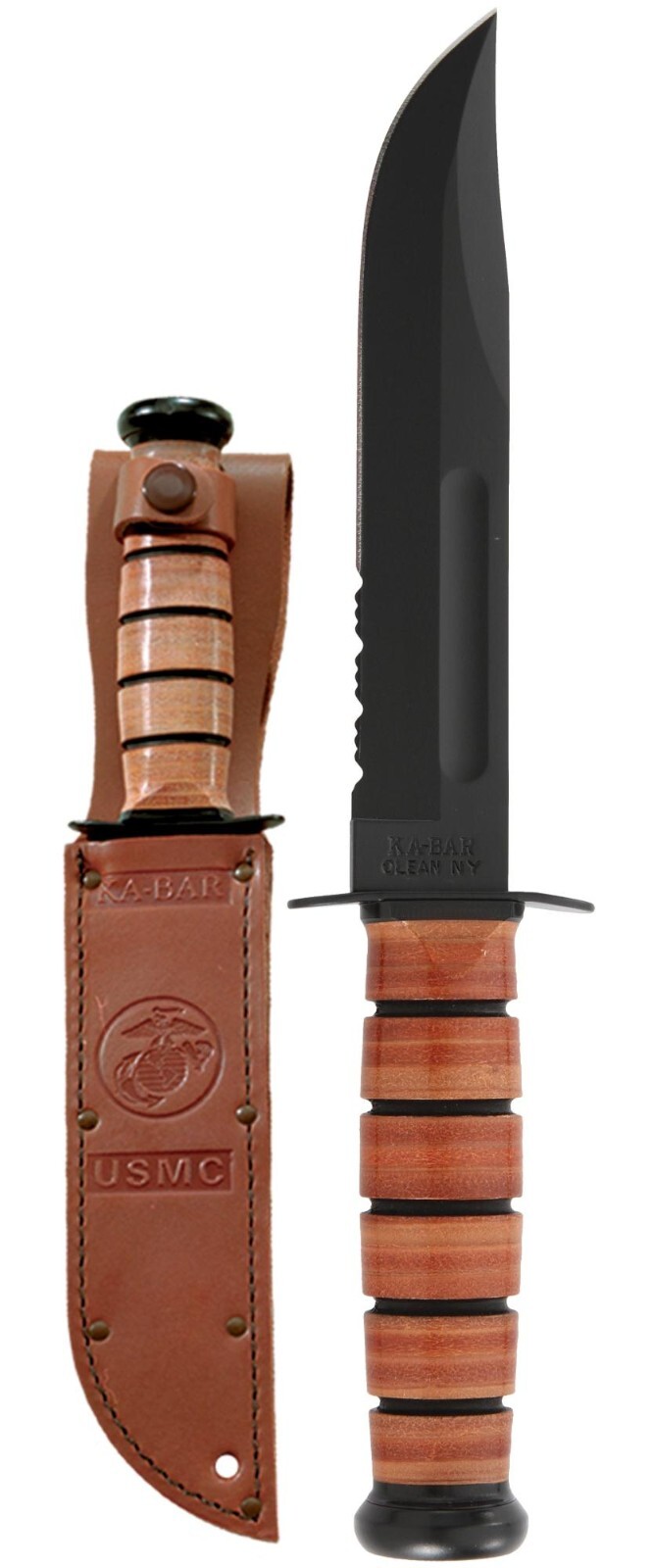 KABAR 1218 FIGHTING/UTILITY KNIFE USMC w/BROWN LEATHER SHEATH SERRATED EDGE