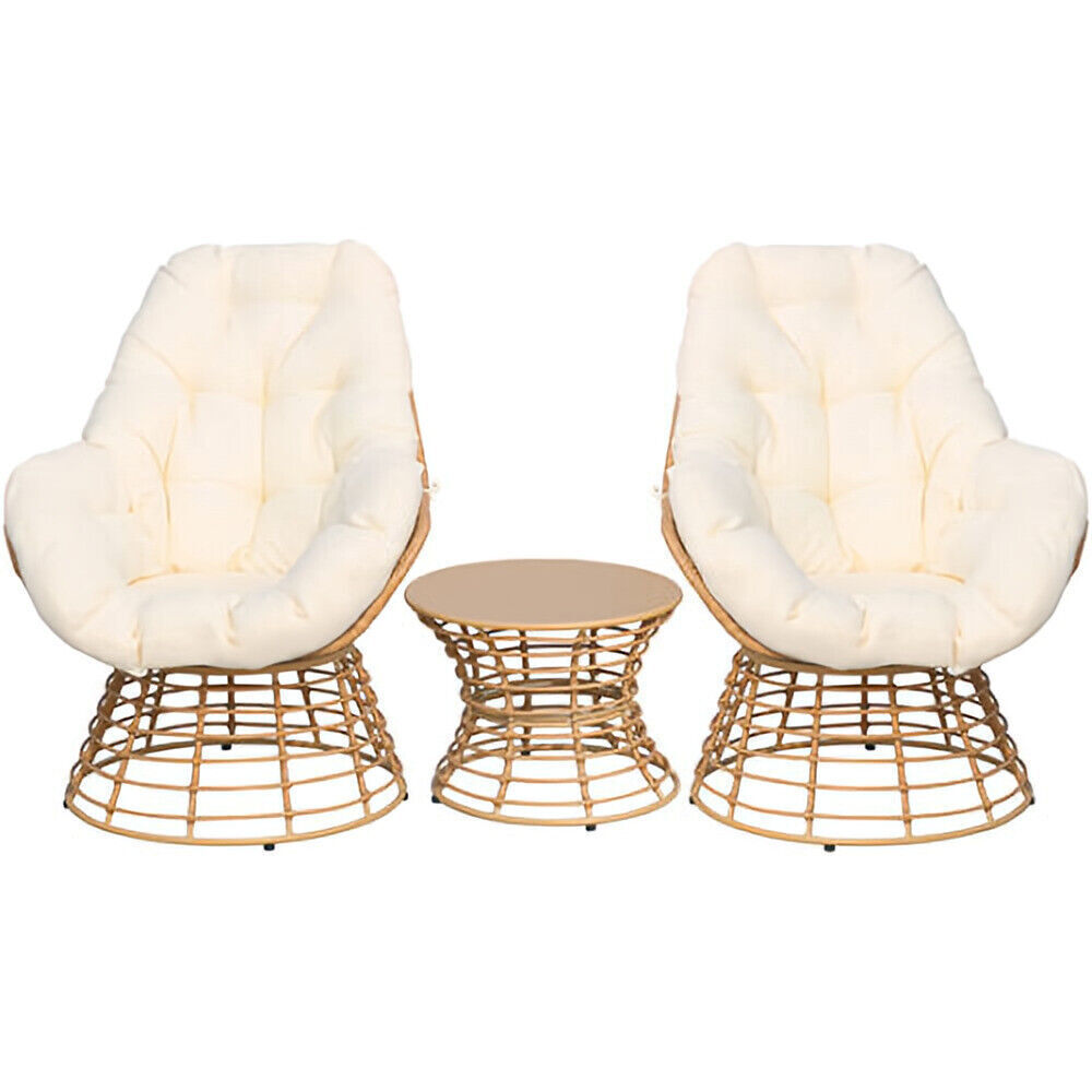 3 Pcs Swivel Patio Wicker Egg Chair Lounge Chair for 2 Person Indoor Outdoor