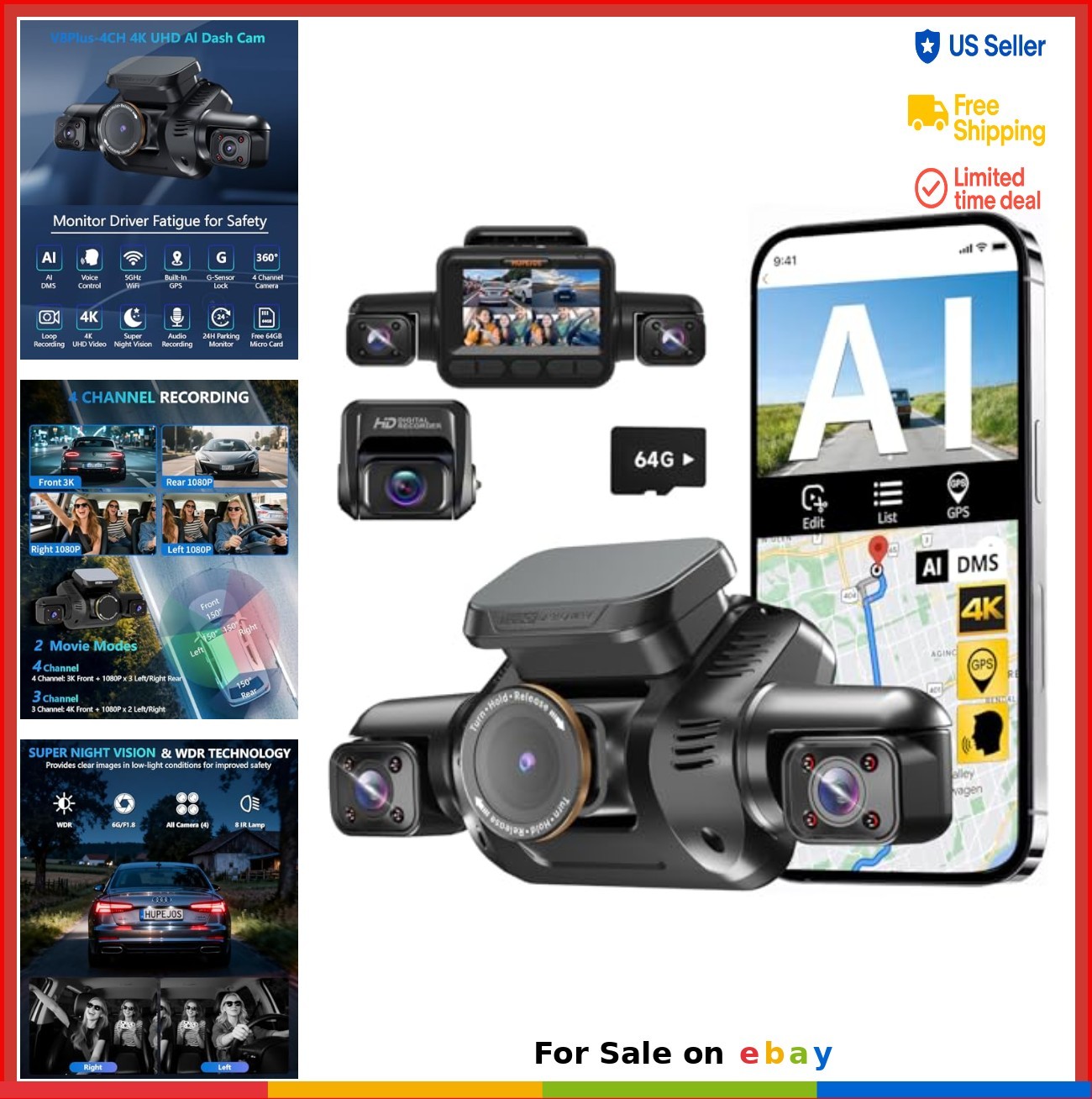 AI Dash Cam 4K 4 Channel 360 Degrees GPS WiFi Driver Monitoring System Night