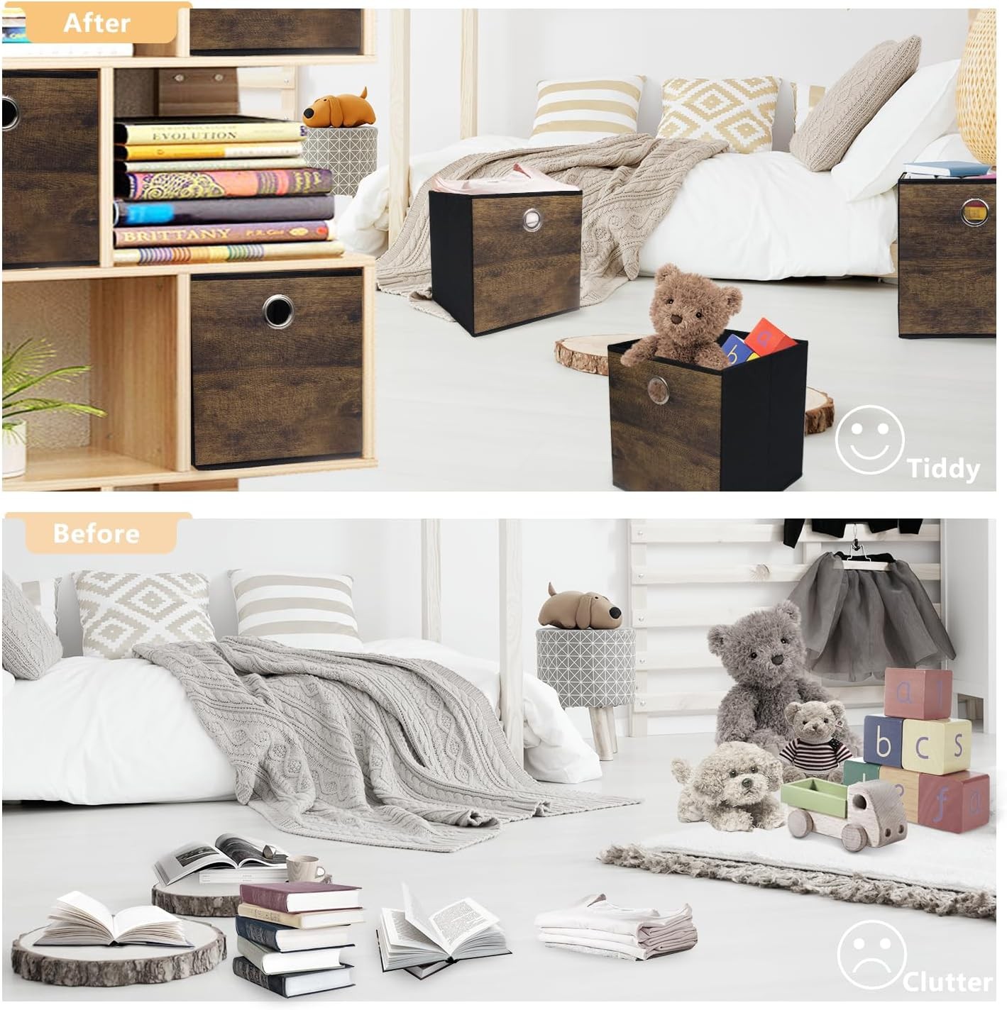 Wood grain thickened fabric storage box, foldable storage cube decorative box