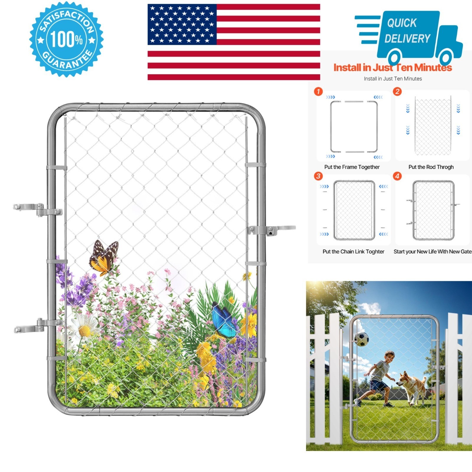 VEVOR Chain Link Fence Gate 32x46 in Adjustable Rust-Resistant