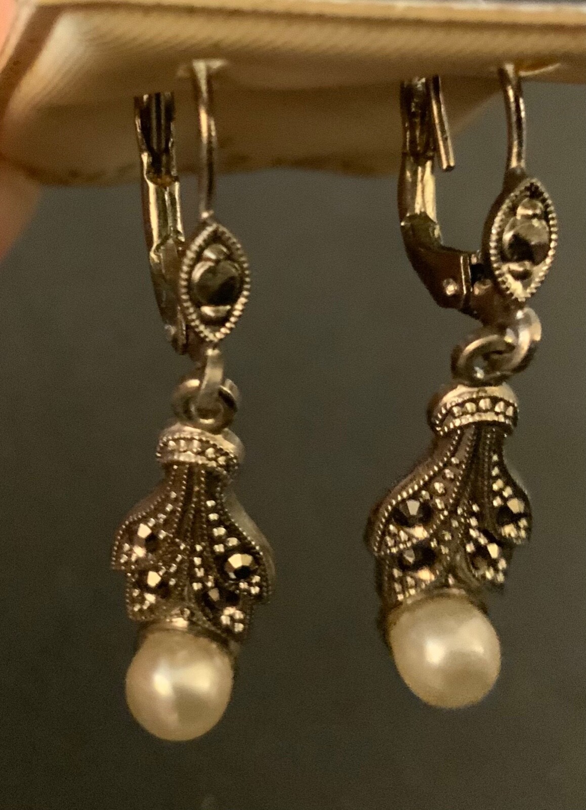 Vintage Signed Germany dangling silver tone earrings faux pearl pierced earrings