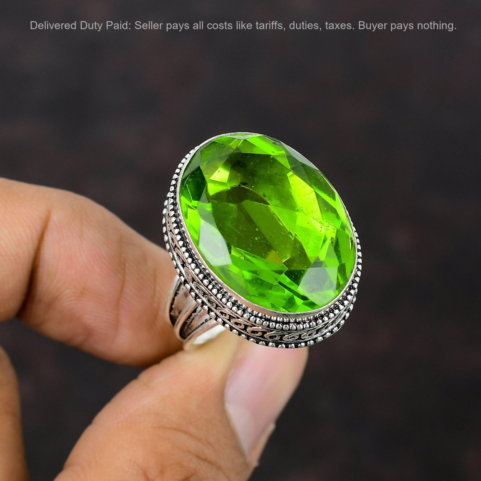 Black Friday Deal Peridot Stone Sterling Silver Vintage Promise Solitaire Ring
