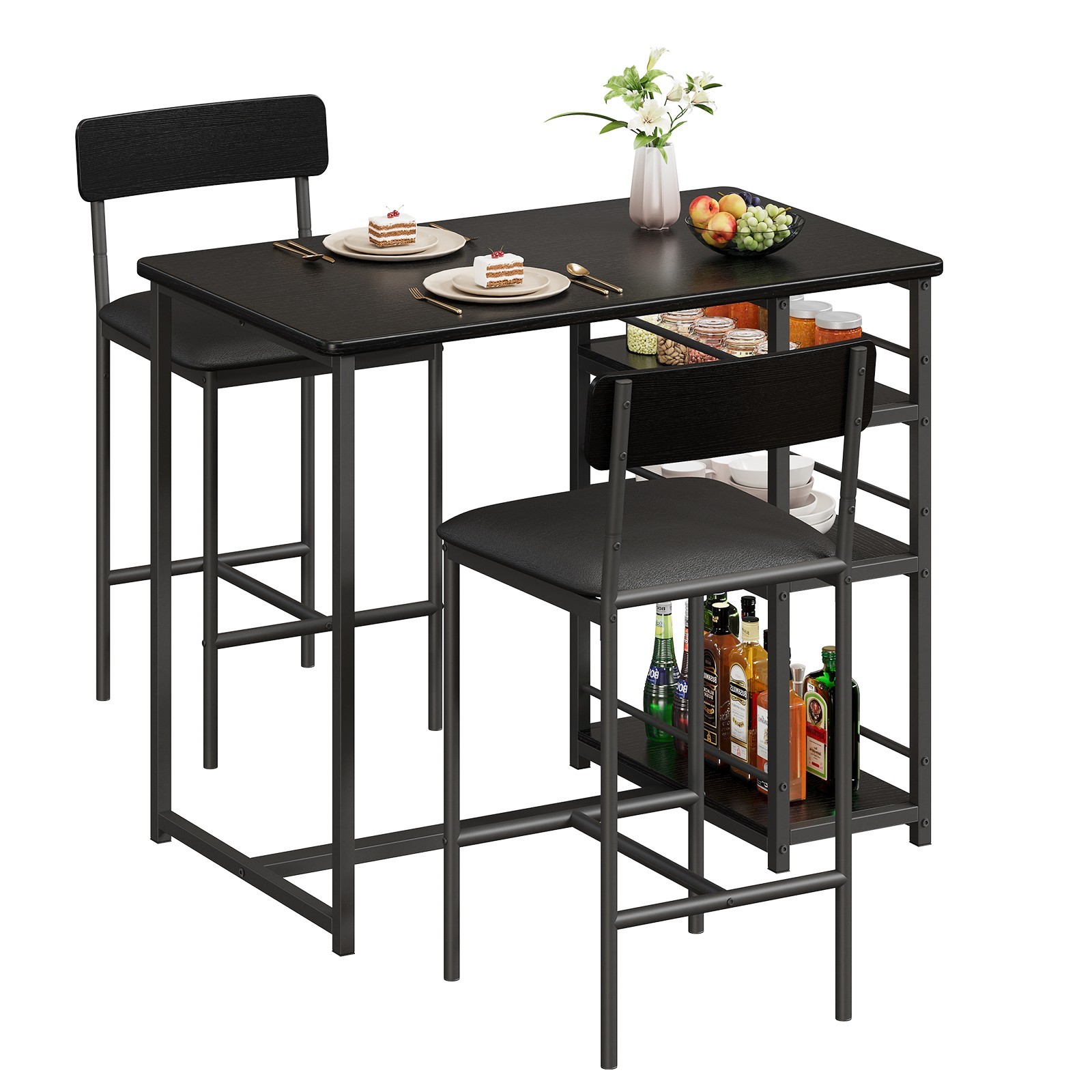 Bar Table Set with Storage Shelves,Dining Table Set ,Tall Nook,Cushion Stools