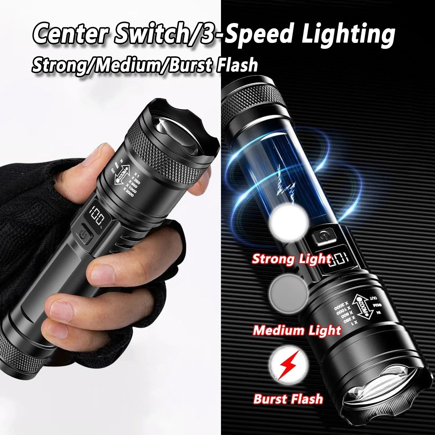Super-Bright LED Tactical Military LED Flashlight Torch 5 Modes Zoomable