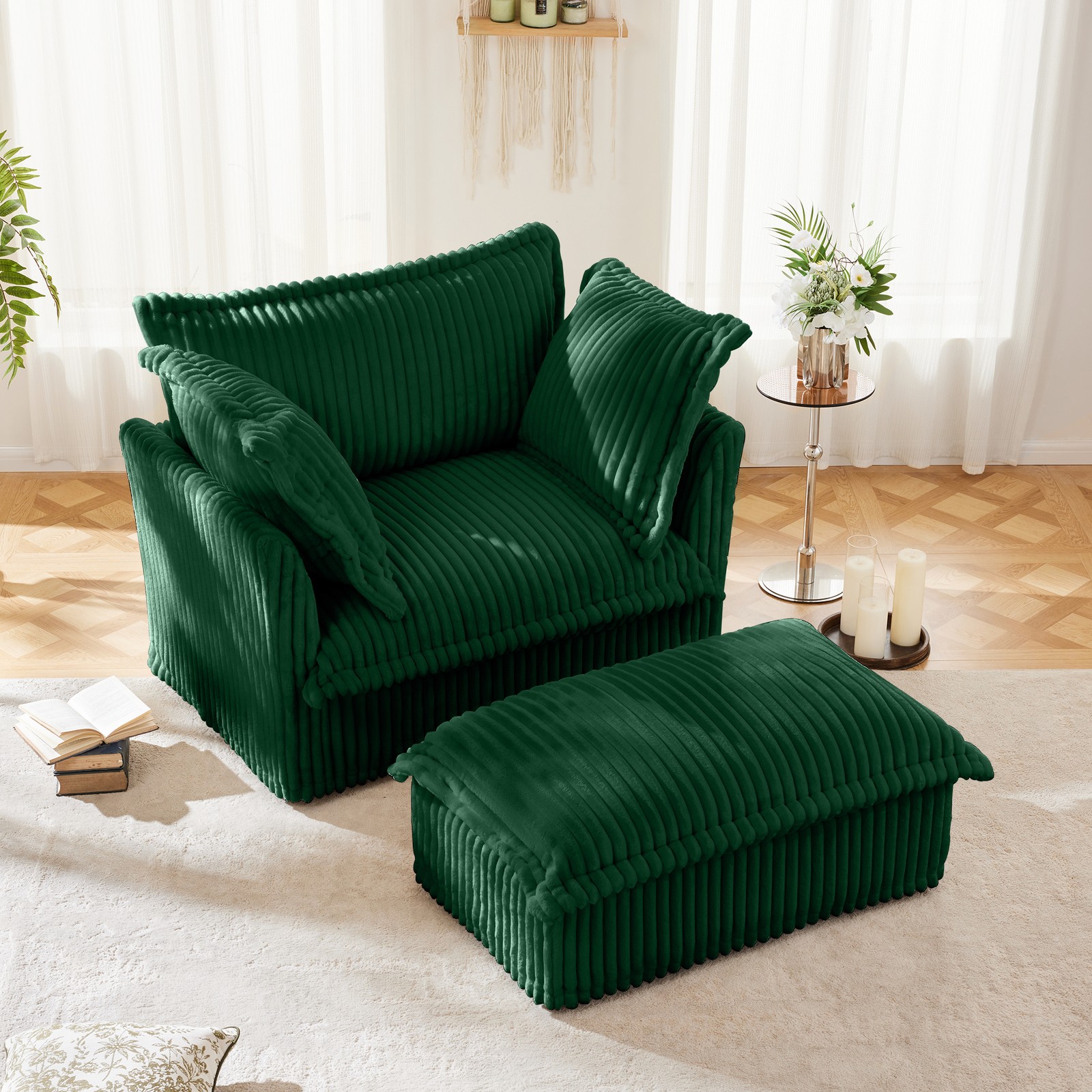 Green Corduroy Armchair & Ottoman Set w/ Seat Pillows - Deep Seat Chair