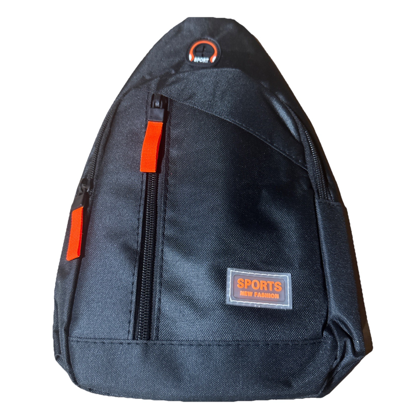 Black Sling Backpack Crossbody Chest Bag Sports Daypack w/ Orange Zippers