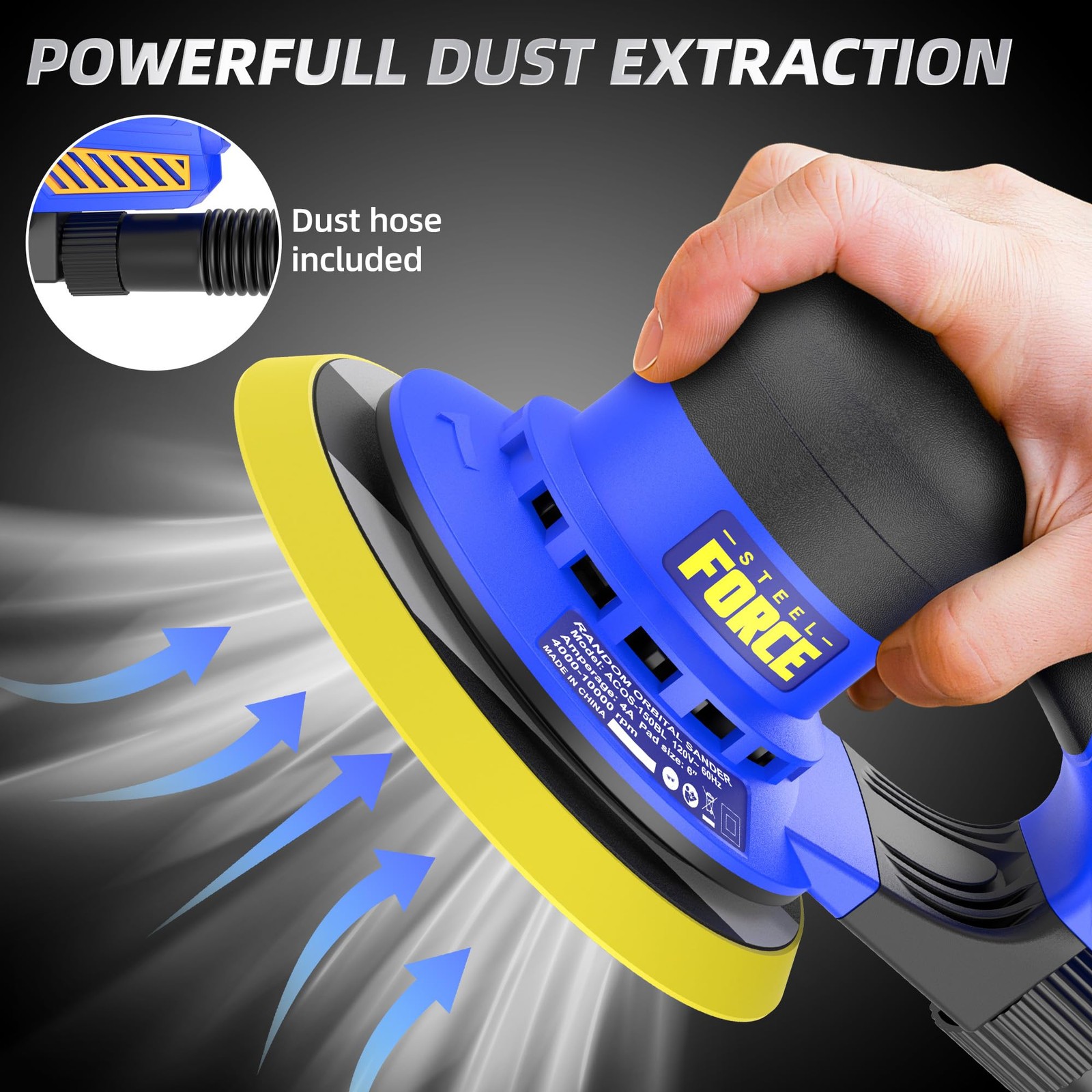 5mm Random Orbital Sander, Brushless 480W 4A, Multi-function Variable Speed E...