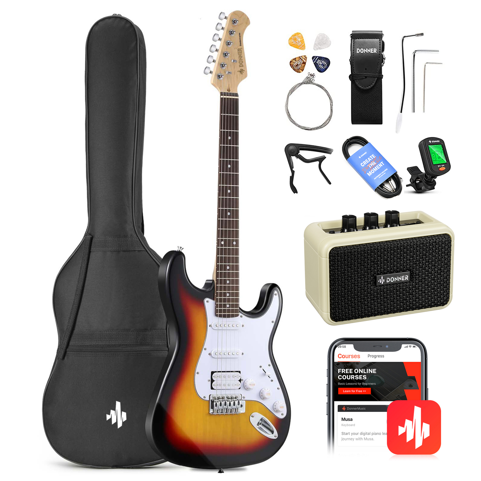 Donner DST-100S Electric Guitar Kit Sunburst Solid Body w/ Amplifier Bag Tuner