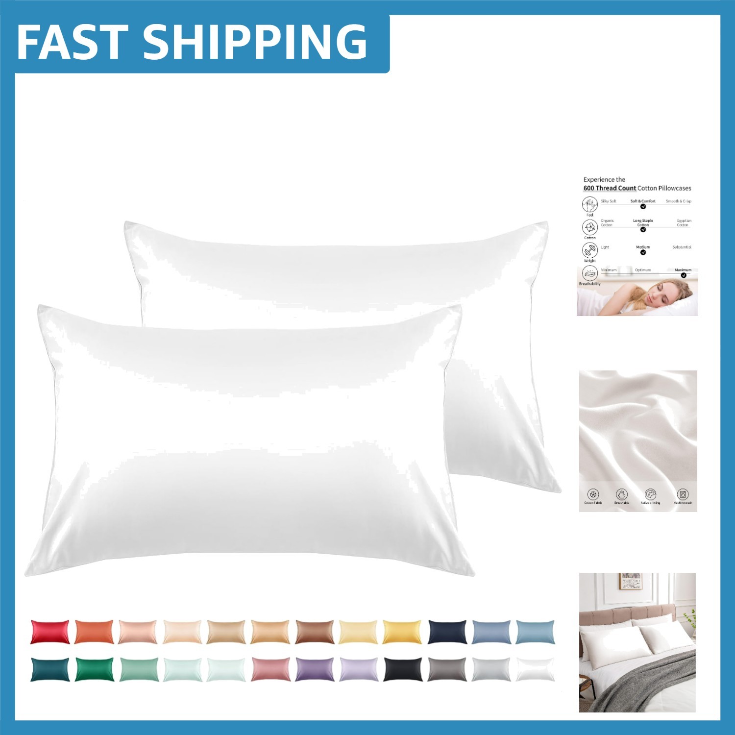 Luxurious 600 Thread Count Queen Pillowcases Set of 2 - Soft Cotton White