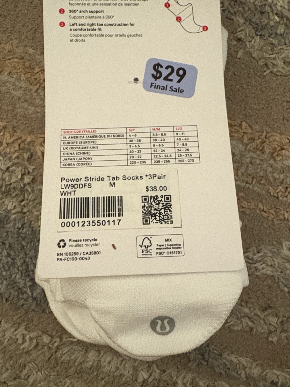 NWT Lululemon Power Stride Tab Socks 3 Pairs White Size Medium