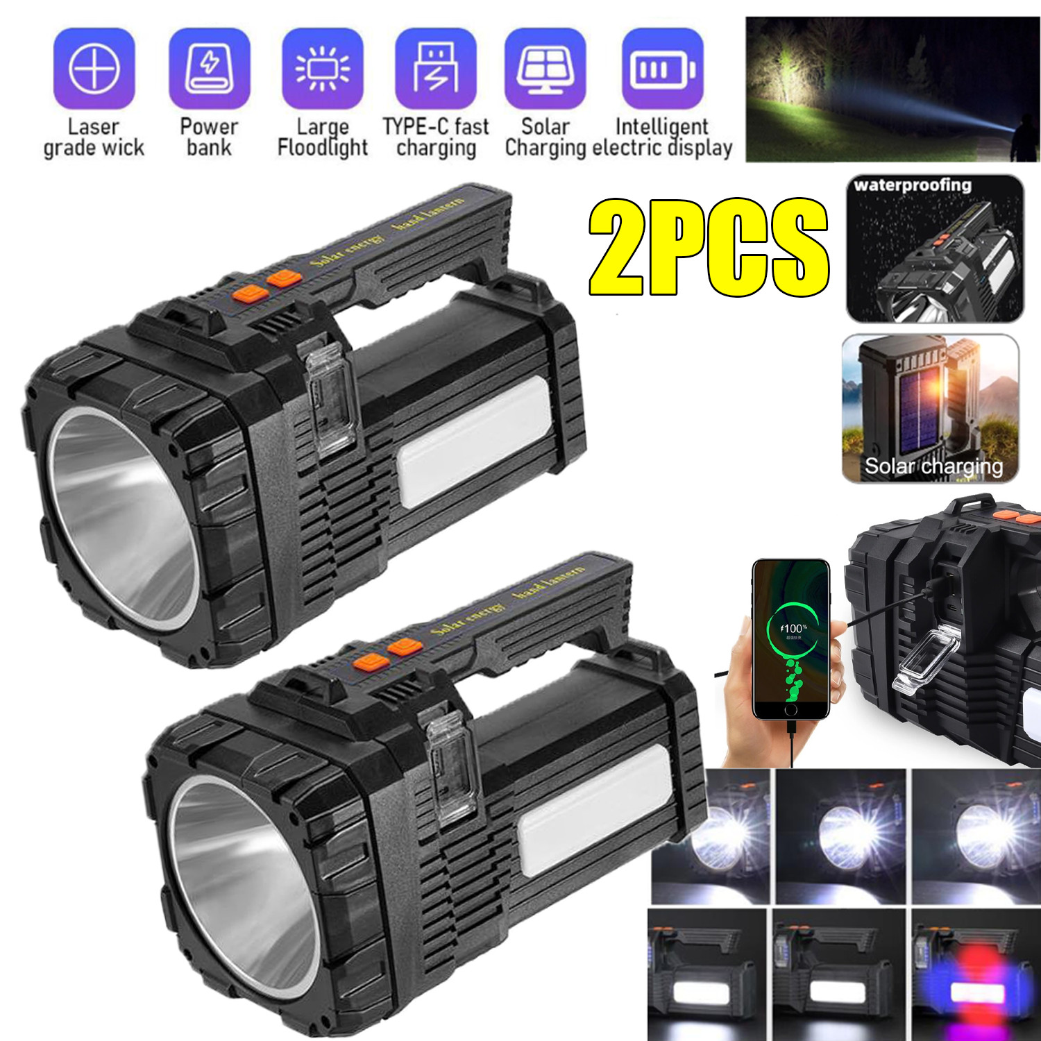 2PCS Portable Rechargeable Solar Flashlight Handheld Torch for Hiking Camping