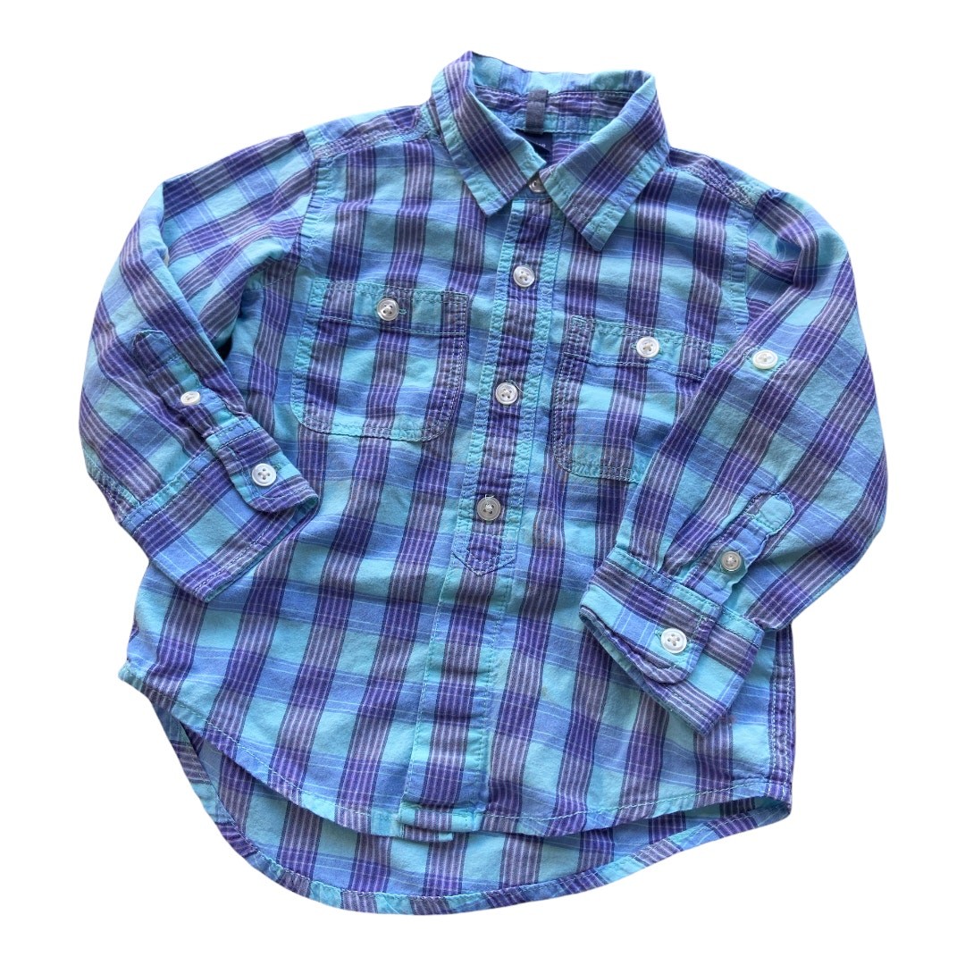 Gap Boys Shirt Size 2 Oceanside Blue Plaid Roll Tab Cuff Button Up Front