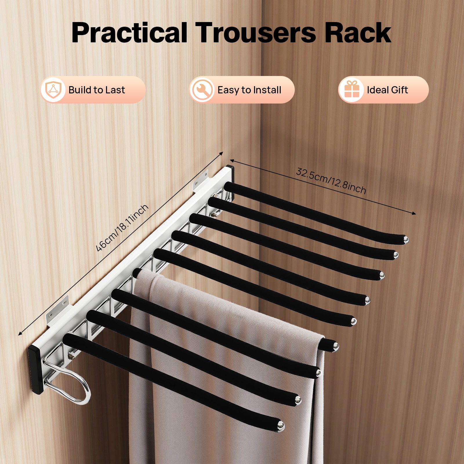 Heavy Duty Wardrobe Pull-out Trouser Rack w/Silent Rail Left Mounting Steel Rack