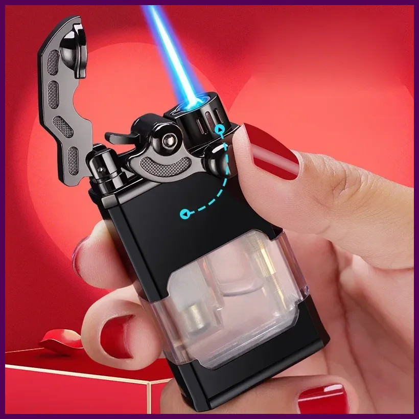 Metal Rocker Arm Luminous Butane Gas Torch Lighter Transparent Gas Window