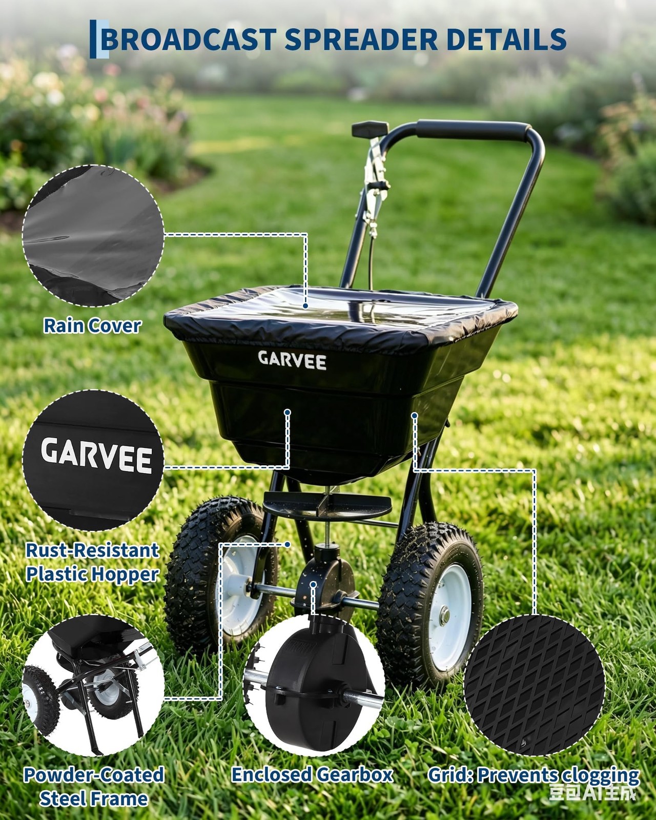 Push Broadcast Spreader 80/100/125 LBS Walk Behind Lawn Spreader Adjustable Flow