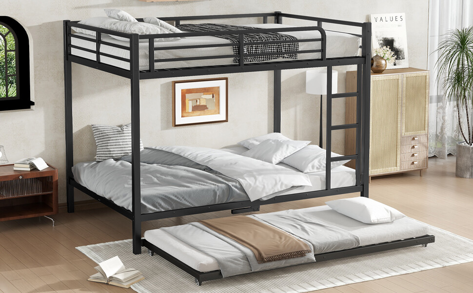 Full over Full Metal Bunk Bed with Twin Size Trundle,Black Bed Frame for Bedroom