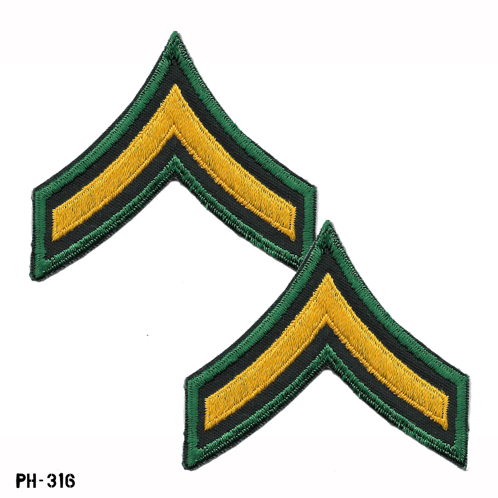 Private Chevron Sleeve Rank Patches, Pair ~ Green & Yellow ~ NEW Gemsco USA