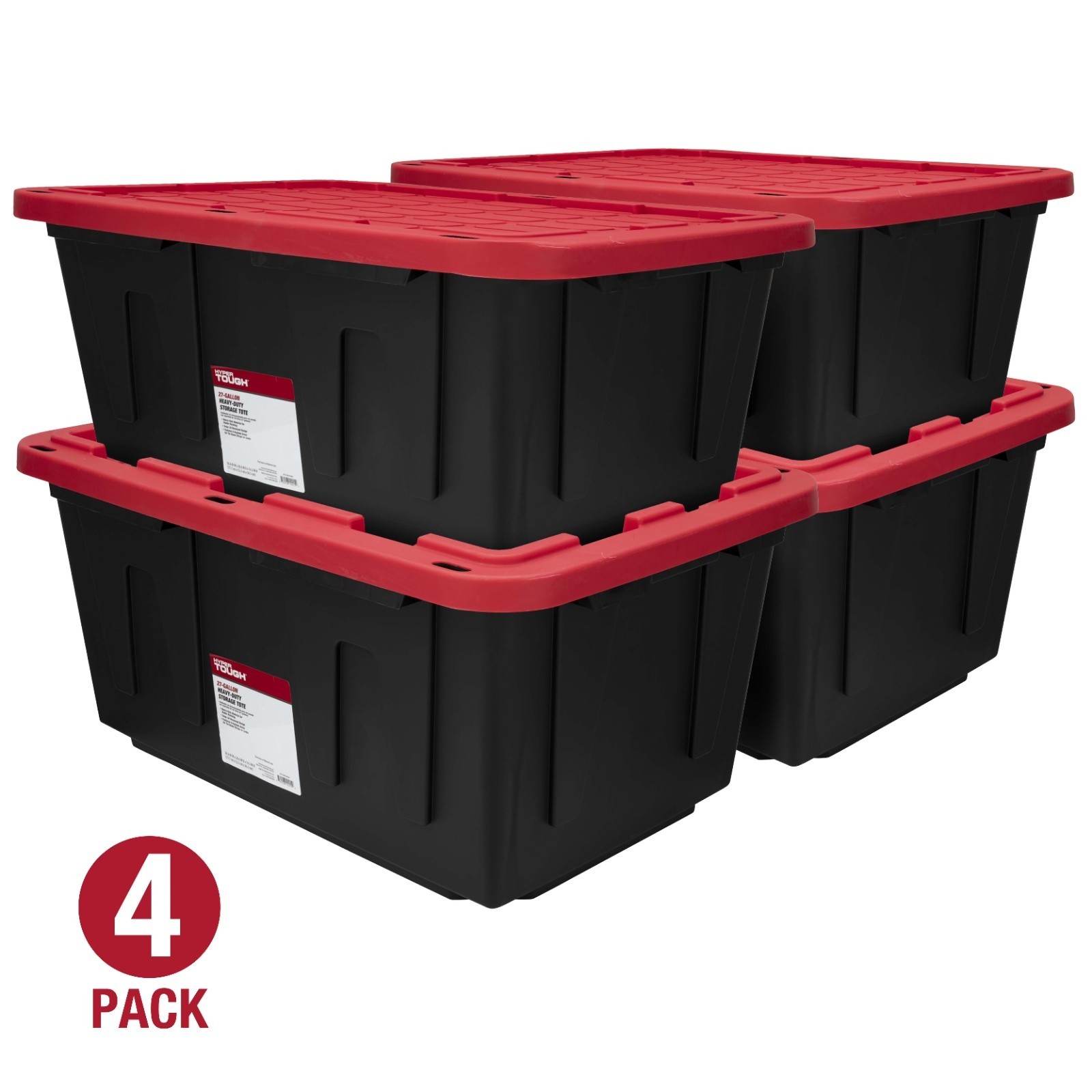 Hyper Tough 27 Gallon Heavy Duty Storage Bin - 4 Pack with Snap Lids, Black/Red
