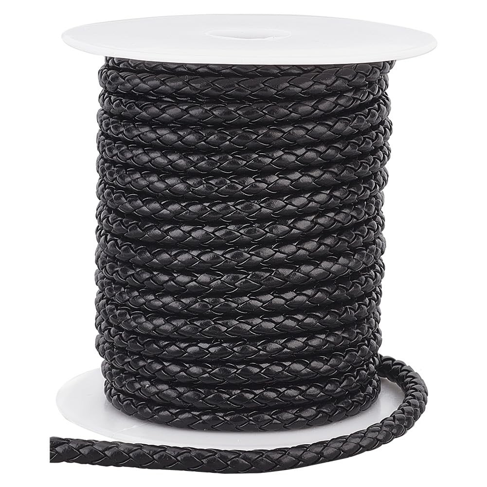 PH PandaHall 10.9 Yards Braided Leather Cord 5mm Round PU Leather Strap Black...