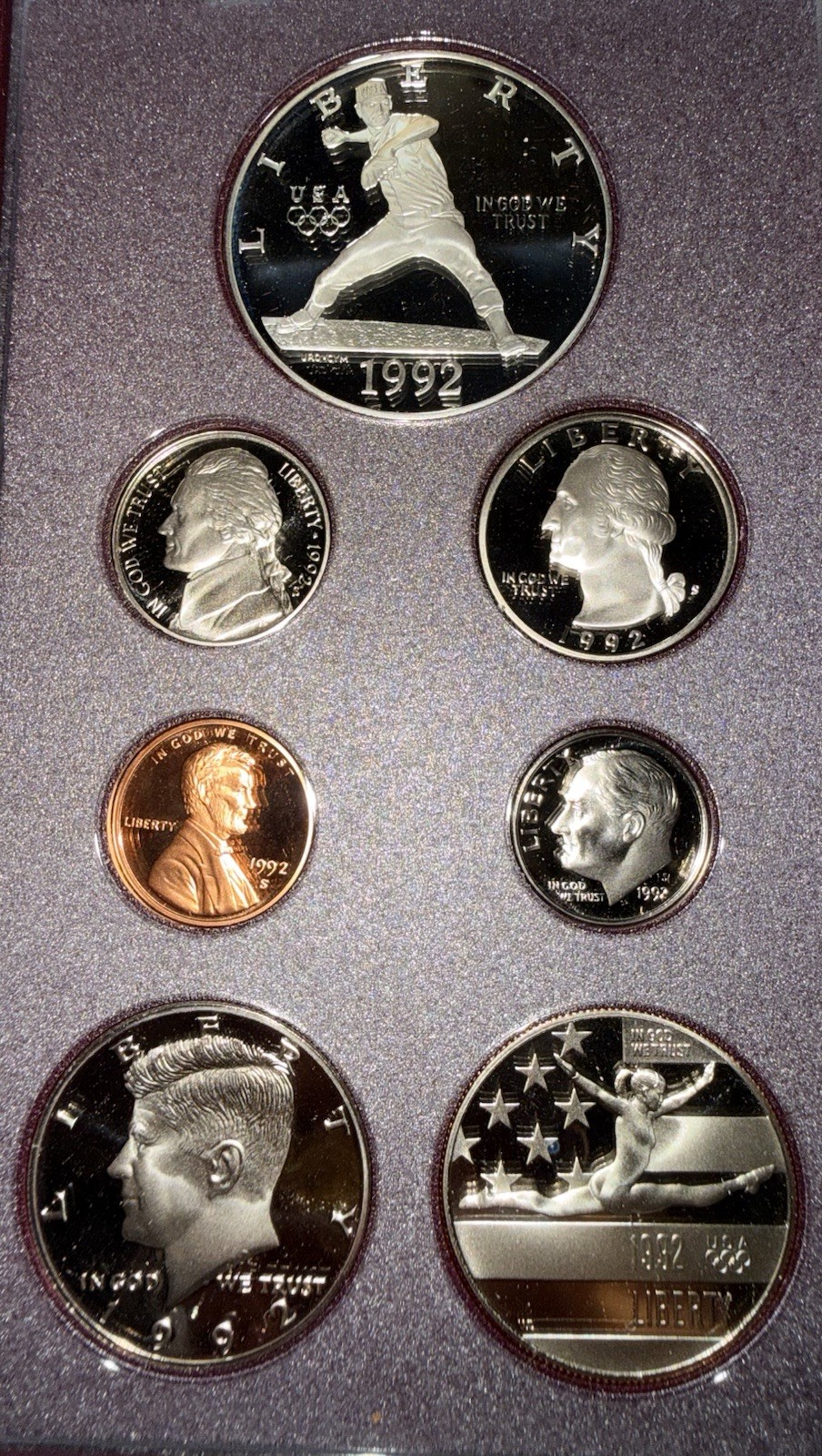 ⭐️1992 S Prestige Proof Set Olympics 90% Silver Dollar 7 US Coins⭐️
