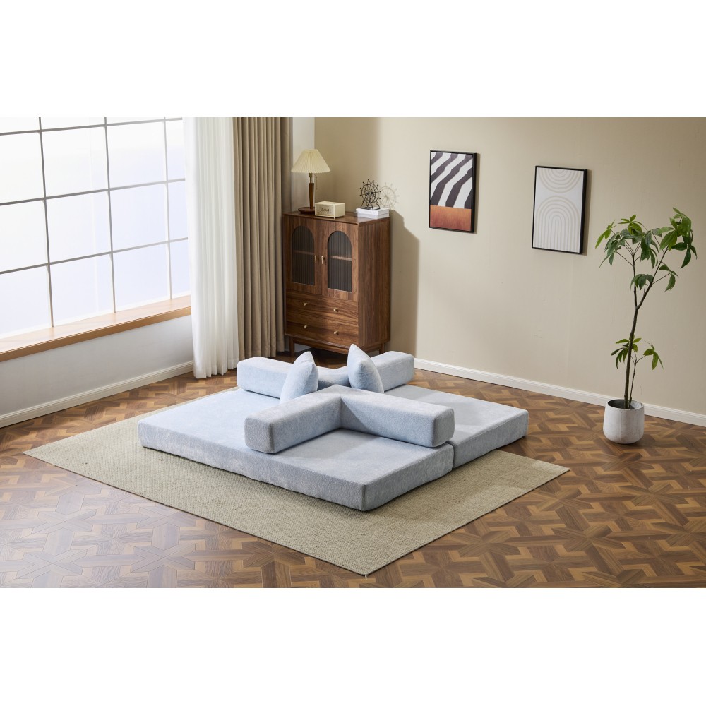 Convertible Floor Sofa Bed, 3 Seat Folding Futon w/ Pillow, Chenille, Light-Blue