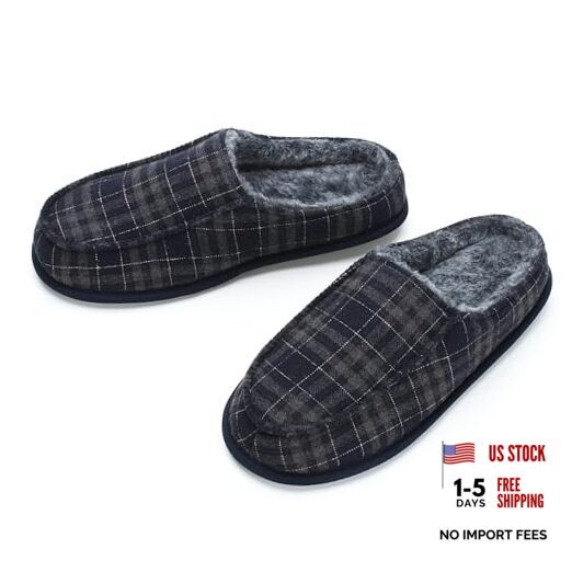 Men's Slippers with Memory Foam, House Shoes for Men 10-11 Navy Checkered