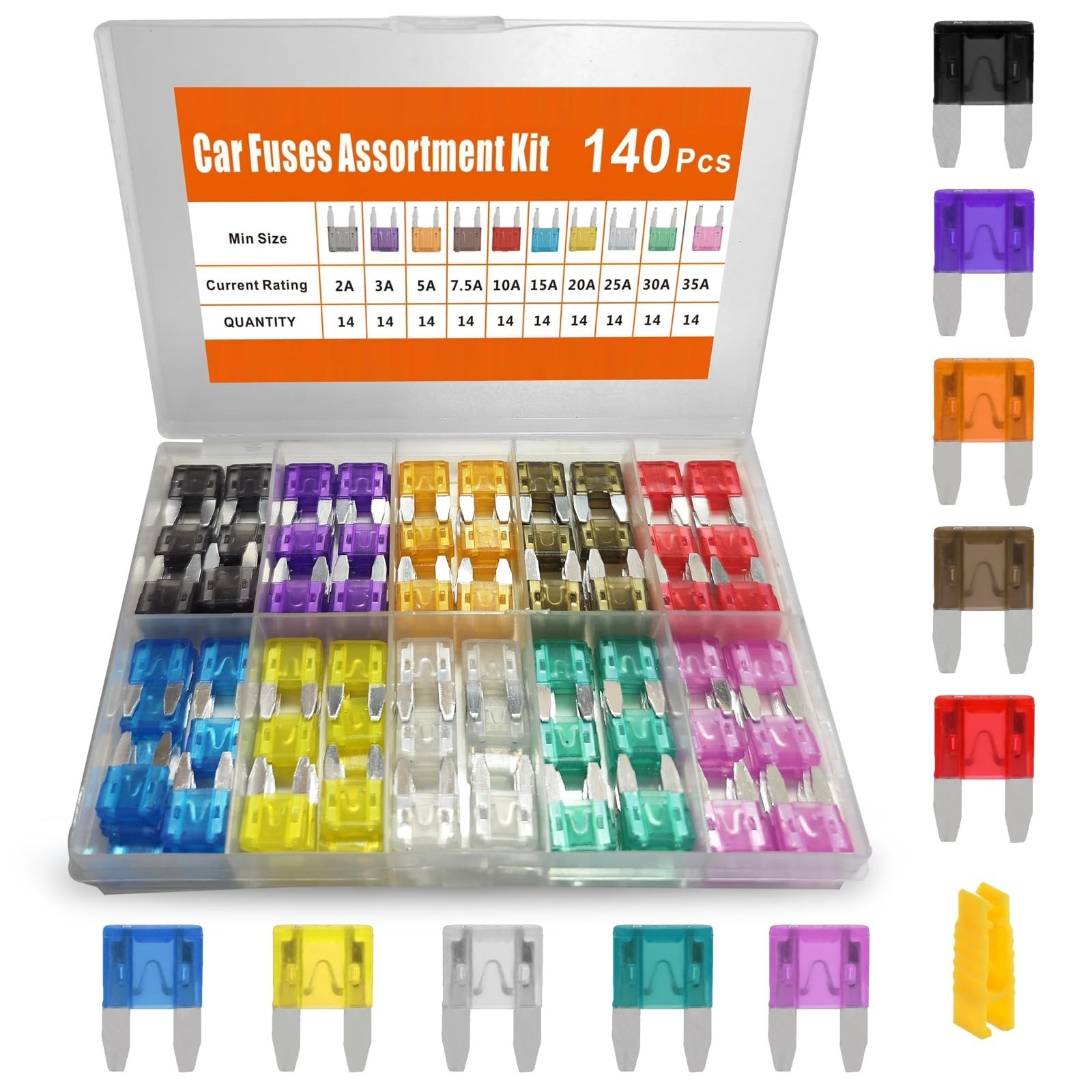 140pcs Mini Fuses Assortment Kit, Automotive Blade Fuses with Puller, Low Pro...
